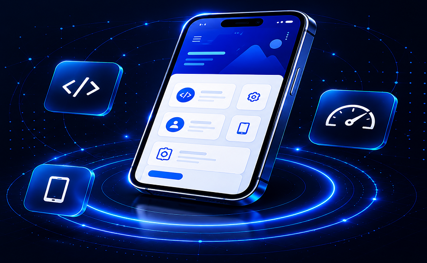 Desenvolvimento de Aplicativos — celular exibindo um app moderno