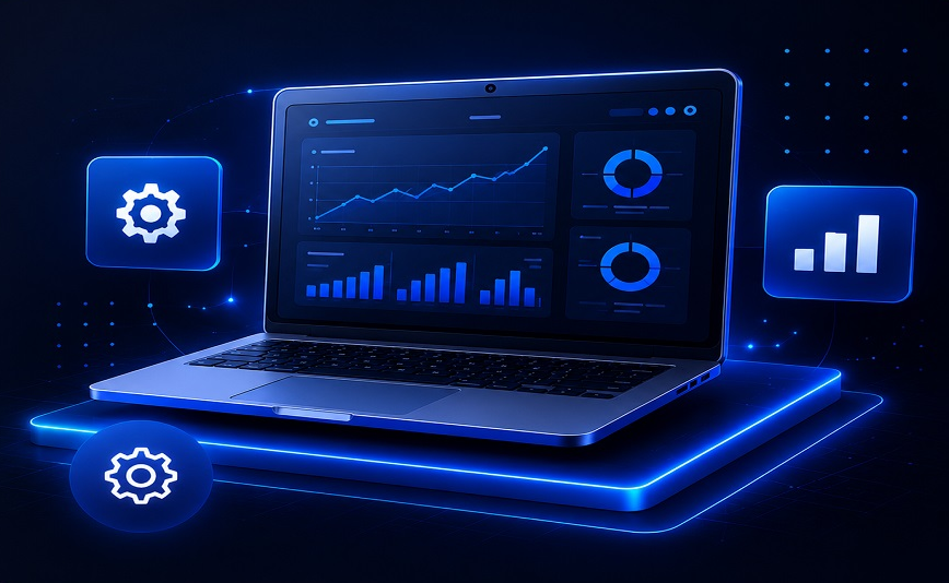 Sistemas Web — notebook exibindo um painel de gestão