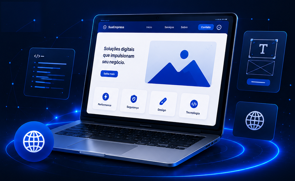 Criação de Sites — notebook exibindo um site moderno